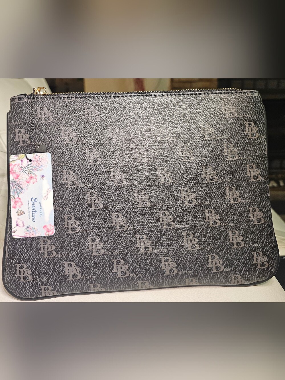 Brentano BB Monogram Zip Pouch in Black and Light Gray With Dust Bag